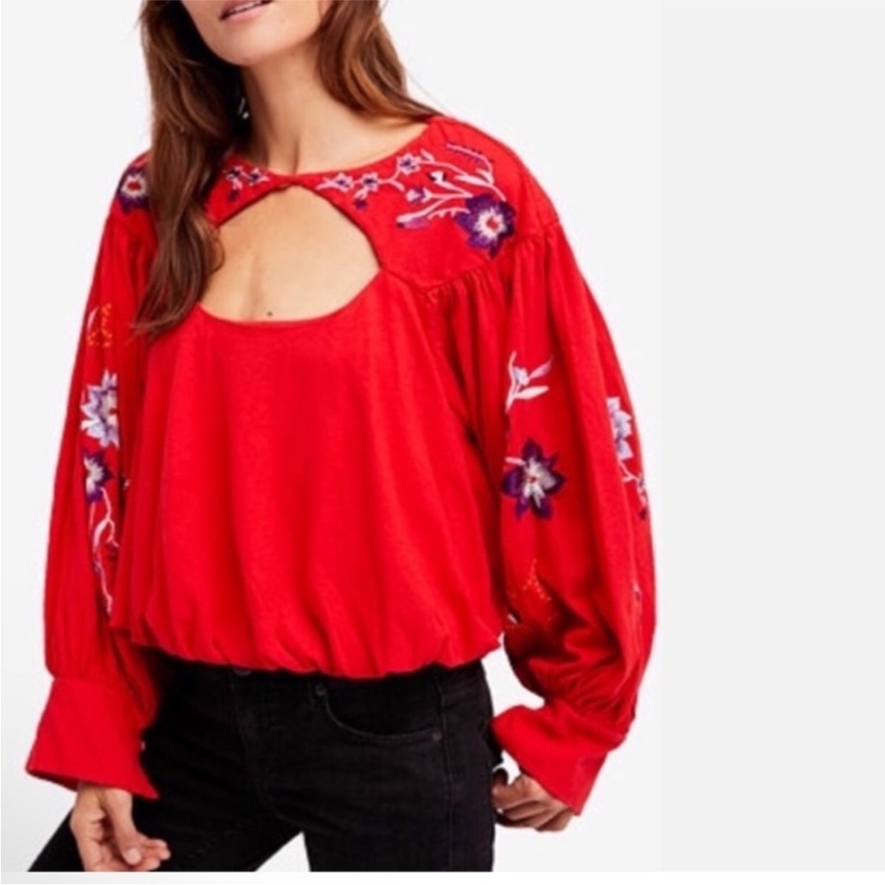 Free People Red Embroidered Blouse